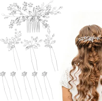 Produktbild von Haarnadeln mit Kristallbesatz, 10 Stück, silberfarben, für Hochzeiten