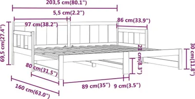 Image de vidaXL Lit de jour Extensible Noir Pin massif 2x(80x200) cm