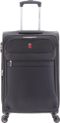 A black trolley suitcase with a retractable handle and wheels, shown from the front.