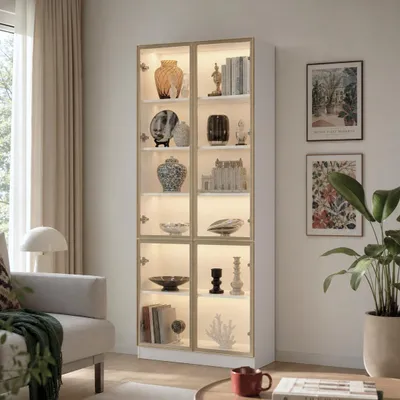 Produktbild von Weißer Vitrinenschrank mit 4 Glastüren 80x36x200cm, Goldene Aluminiumrahmen, 3-Lichtfarben-LED, Aufbewahrungsschrank, Drucköffner, für Wohnzimmer Büro