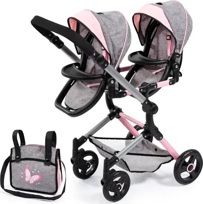 Image de Twin Neo Poussette pour poupées jumelles avec guidon réglable et pivotant et sac rose gris - Pour les mamans de poupées Poussette Duo