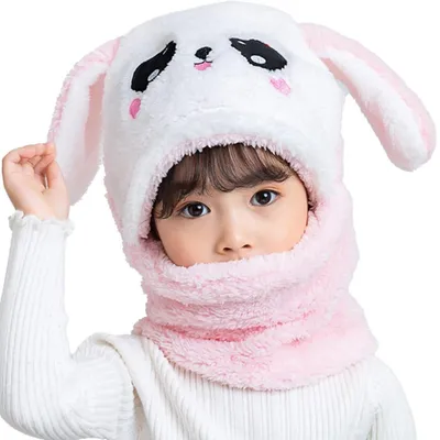 Produktbild von Kinder Winter Mütze mit Schal 2 in 1 Kaninchen Panda Ohrenklappe Ski Mütze Set 1-4 Jahre Rosa Plüsch