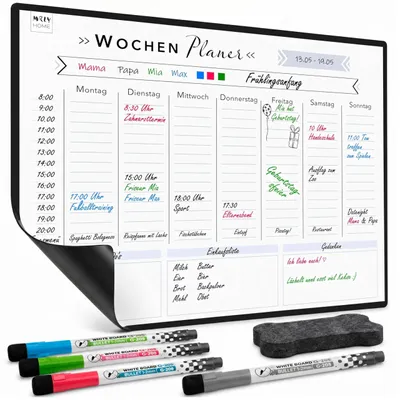 Produktbild von Rosenfeld Magnetischer Wochenplaner Whiteboard - Abwischbare Magnet-Tafel für den Kühlschrank inklusive 4 magnetischer Marker und Radierer (Klassisch)