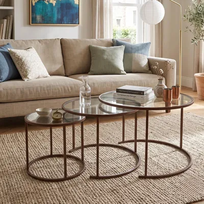 Produktbild von Skye Decor, Hochwertiges Nesting-Tischset (3 Teile) - 100% Glas, Braun, 100% Metall