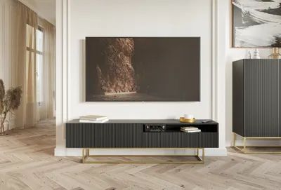 Obrázek produktu pro Selsey VELDIO - TV skříňka s otevřenou přihrádkou, černá se zlatým kovovým rámem, 175 cm
