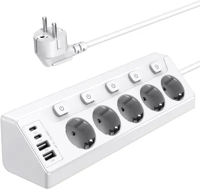 Produktbild von Steckdosenleiste, Steckdosenadapter, EU Steckdose, 5 Fach Mehrfachstecker, Verteilersteckdose, Tischsteckdose, mit 4 USB+2 USB C,2M Verlängerungskabel
