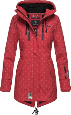 Produktbild von Marikoo Zimtzicke Damen Wasserdichte Softshell Jacke mit Kapuze Outdoor Regenjacke Regenmantel Rot mit Print Gr. 34 - XS