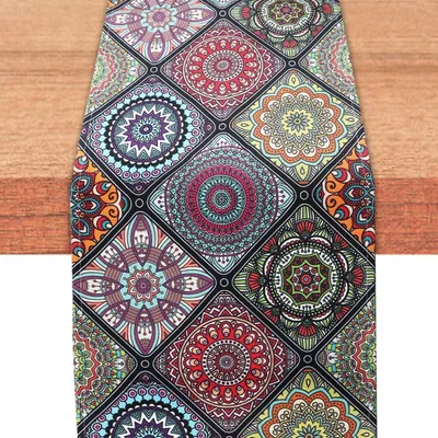 Zdjęcie produktu dla Bieżnik boho w stylu vintage, geometryczny wzór, kolorowy, wykonany z lnu, wymiary 33 x 183 cm