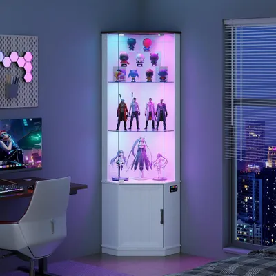 Image de Vitrine éclairée par LED avec tiroirs, vitrine en verre à 3 niveaux, de couleur blanche, dimensions : 45 x 63 x 175 cm