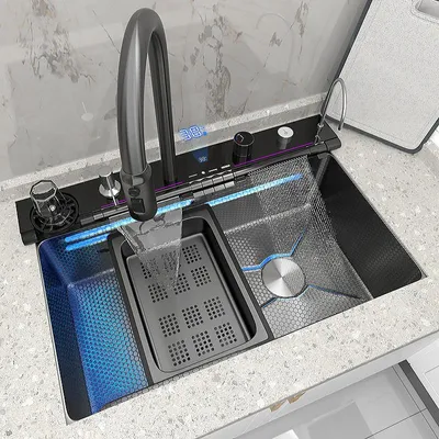 Zdjęcie produktu dla TELISIYA Wielofunkcyjna bateria kuchenna z zlewem typu „waterfall” i wyświetlaczem cyfrowym – stal nierdzewna 304/201 – 80 x 46 cm
