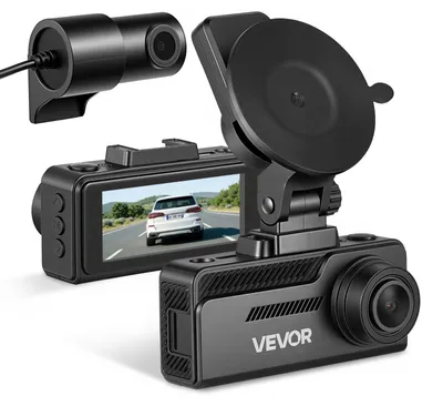 Obrázek produktu pro VEVOR 4K palubní kamera do auta (přední a zadní), duální kamera s rozlišením 1080p, integrovaným GPS, G-senzorem a paměťovou kartou (32 GB), 3,18palcovým displejem, širokoúhlým záběrem 129° + 125°, smyčkovým nahráváním a parkovacím režimem, černá