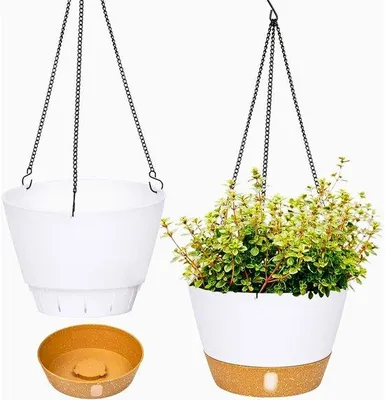 Image de Lot de 2 pots suspendus, 25,4 cm, à suspendre à l'intérieur comme à l'extérieur, pot avec trou de drainage et 3 crochets, pour l'intérieur et l'extérieur, blanc