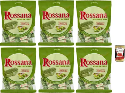 A product shot featuring multiple packages of Rossana Pistacchio candies and a can of tomatoes.