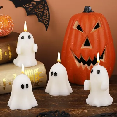 Produktbild von 4 weiße, gruselige Kerzen – Duftkerzen für Halloween, ideal für die Dekoration von Wohnungen, Schlafzimmern und Tischen bei Feiern