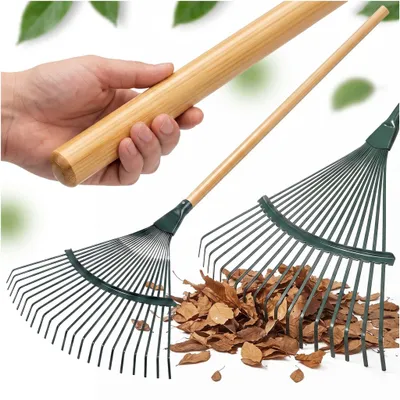 Produktbild von Set Aus Fächerrechen (42 Cm) Und Holzstiel (80 Cm) – Robuster Gartenrechen
