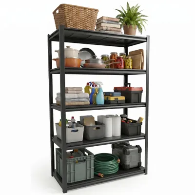 Zdjęcie produktu dla Metalowy regał do dużych obciążeń 750 kg, 183 x 91 x 41 cm, regał do montażu na zatrzaski z 5 regulowanymi półkami, regał do garażu, magazynu, piwnicy lub warsztatu, czarny