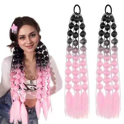 Produktbild von Pferdeschwanz Haarteil 60 cm - 2 Stück Kunsthaar Haarverlängerung - Geflochtener Zopf mit Haargummi - Clip Haarteil für Damen Mädchen - Rosa Ombré