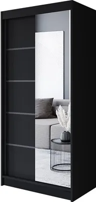 Produktbild von Easy4You P3 100 cm Schwarz Schiebetüren Kleiderschrank 100x200x58 cm mit Spiegel - Schlafzimmermöbel, Aufbewahrung - Mehrzweckschrank