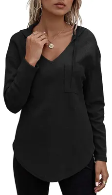 Productafbeelding van Dameshoodie met capuchon, wafelstructuur, V-hals, elegante casual stijl, zwart, maat M