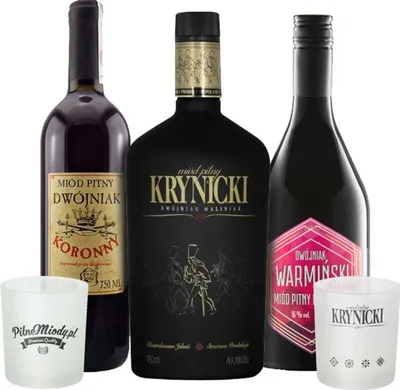 Obrázek produktu pro Sada 3 pùlmetlí Dwojniak se 2 šálky|Koronny, Krynicki Maliniak, Warmiñski| | 2200 ml | 16% alkohol Metwein | Polská výroba