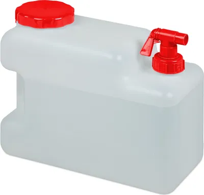 Produktbild von Relaxdays Wasserkanister mit Hahn, Schraubdeckel, Trinkwasserkanister Camping, 12 l, BPA-frei, Kunststoff, weiß-rot