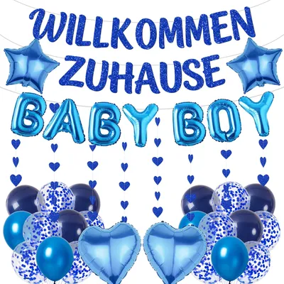 Produktbild von Folienballon und Girlande Set - Dekoration für Baby Jungen - Blau - Willkommen Zuhause