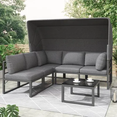 Immagine prodotto di Set da salotto per giardino con ombrellone, ideale per balconi e terrazzi, composto da 4 pezzi, resistente agli agenti atmosferici, colore grigio, completo di cuscini