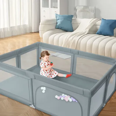 Image de Parc pour bébé avec 50 boules 205x147x66cm Centre d'activités avec filet respirant Base antidérapante Gris foncé
