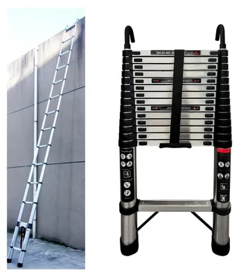 Produktbild von Teleskopleiter, 4,4 m, tragbare Ausziehleiter mit Haken, 150 kg Tragfähigkeit, für Innen- und Außenbereich, aus Edelstahl