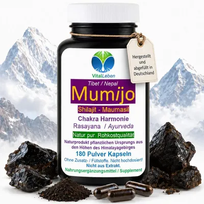 Produktbild von ShilaJit reines Mumijo 180 Pulver Kapseln Ayurveda Gold der Berge 4000-5000m Höhe - Fulvinsäure & Huminsäure - Kein Extrakt Ohne Zusatzstoffe