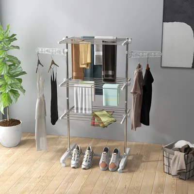 Produktbild von SUGIFT Standtrockner 3 Ebenen mit Sockenclips, Wäscheständer klappbar auf Rollen, Edelstahl, Weiß | 2 Bremsrollen | 6 Rollen | 142 x 55 x 152 cm