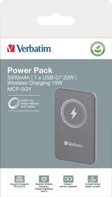 Obrázok produktu pre Verbatim Charge 'n' Go, 5000 mAh, Lítium polymér (lipo), Quick Charge 3.0, Bezdrôtové nabíjanie, Šedá