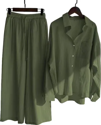 Obrázek produktu pro ASKSA Dámský kalhotový kostým mušelínová halenka Dvoudílné letní tričko s dlouhým rukávem Kalhoty s širokou nohavicí Loungewear, tmavě zelená, velikost: 5XL