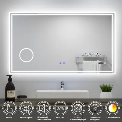 Produktbild von AICA LED Badspiegel 160x80cm mit Uhr Bluetooth Beschlagfrei 3-Fach Vergrößerung Schminkspiegel Badezimmerspiegel 3 Lichtfarbe 3000K/4500K/6000K IP44