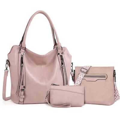 Produktbild von Handtasche 3-Tlg Shopper Schultertasche Geldbörse Damen Groß Umhängetasche Für Freizeit Business Schule Büro usw in schlichter Optik (Altrosa)