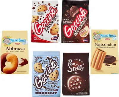 Produktbild von Pavesi Barilla Kekse Gocciole Testpaket Chocolate Dark Coconut biscuits + Mulino Bianco Pan di stelle Abbracci Nascondini 350g