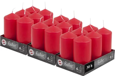 Obrázok produktu pre Hofer Stĺpové Sviečky - Doba Horenia 30 hodina - Červená - 18 kusov Rozmery 6 x 12 cm Voskové Sviečky Farba Červené Candles neparfumované