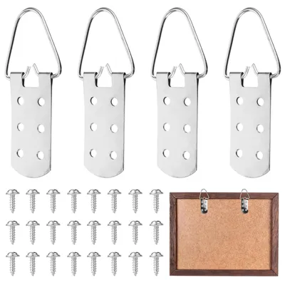 Productafbeelding van 4 ophanghaken voor zware schilderijen, ophanghaken voor houten frames met schroeven. Geschikt voor fotolijsten, kunstwerken, spiegels, kledinghangers, enz.