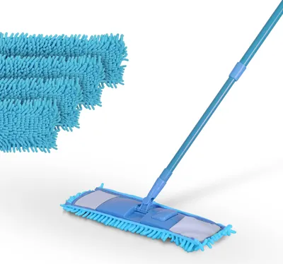 A blue mop with four blue replacement mop heads is displayed on a white background.