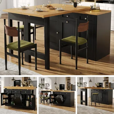Produktbild von Ausziehbarer Bartisch mit Stauraum und Schublade, klappbarer Esstisch mit Snackablage und Mülleimerhalter, platzsparendes Design für Küche, Schwarz
