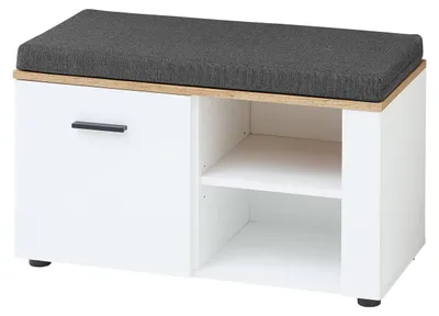 Produktbild von Schuhbank MECHELN Weiß 80x47 cm mit Sitzkissen, Softclose-Drehtür, Einlegeboden und 2 offenen Fächern