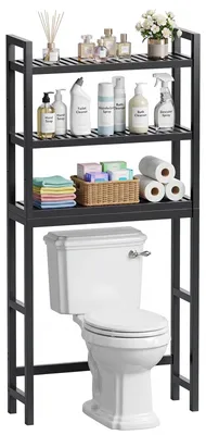 Bambus-Toilettenregal, 3 verstellbare Ablagen, schwarz, 63x26x170 cm
