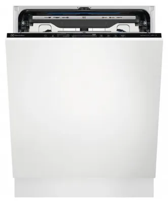 A white built-in dishwasher with the door open, showing the control panel.