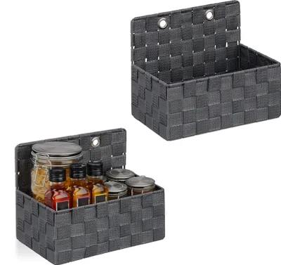 Obrázek produktu pro Relaxdays Závěsný úložný koš, sada 2 ks, závěsný koš v proutěném vzhledu, koupelna, chodba, nástěnný koš HBT 20 x 25 x 16,5 cm, šedý