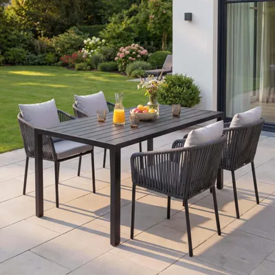 Produktbild von Gartengarnitur HWC-N41, Tisch+4xStuhl, wetterfest Alu 140x80cm, Seilgeflecht Rope  anthrazit Kissen grau