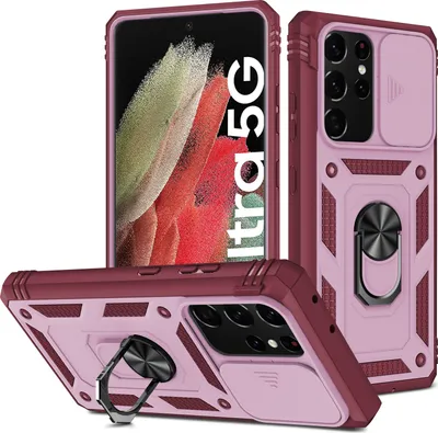 Obrázek produktu pro Pouzdro pro Samsung Galaxy S21 Ultra 5G posuvná ochrana kamery, robustní nárazuvzdorné, s držákem prstenu, stojánkem a držákem na karty Červená Růžová