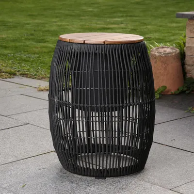 Produktbild von Garten Beistelltisch - integrierter Behälter - Kunststoffseil - H: 49cm - D: 40cm - schwarz