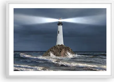 Produktbild von Gerahmtes Poster - Weißer Rahmen - Leuchtturm Meer - 70x50 cm - Wand Bild - Wanddeko - Wandbilder - Kunstposter - Wandposter - Bilderrahmen - Bilder - Kunstdruck - Wandbild - P2WAA70x50-3550