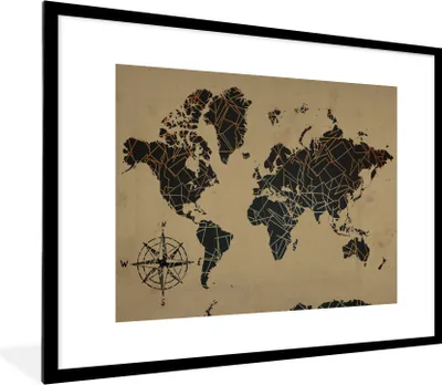 Produktbild von MuchoWow® Gerahmtes Poster Weltkarte - Abstrakt - Braun 80x60 cm - Poster mit Schwarzem Bilderrahmen Wandposter Rahmen Foto Bilder - Schlafzimmer-Dekorationen - Fotoposter