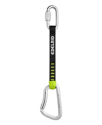 Jim Steel Bent Set II Express-Set von Edelrid; mit einem gebogenen Karabiner und schwarzem Band.
